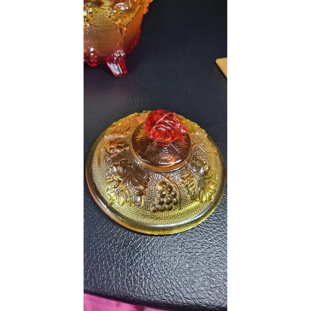 Vintage Jeannette Glass Amberina Glass Footed Candy Bowl Dish W Lid Grape